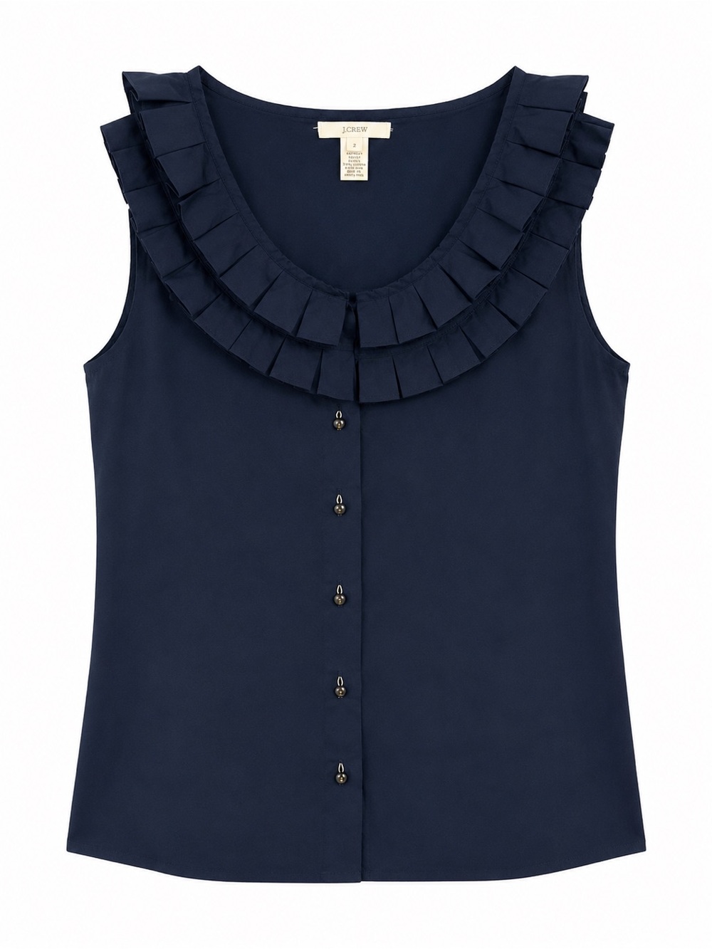 J. Crew Navy Sleeveless Pleated Ruffle Collar Button-Front Blouse